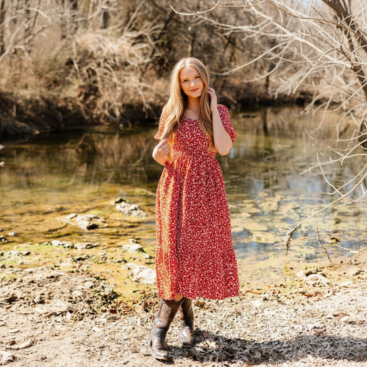 Puff Sleeve Midi Dress, Red Floral
