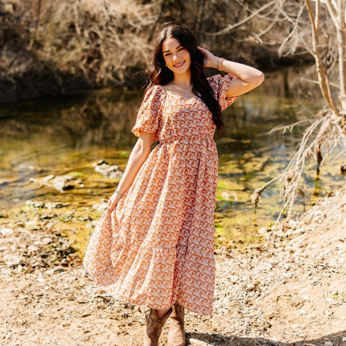 Puff Sleeve Midi Dress, Rust Floral