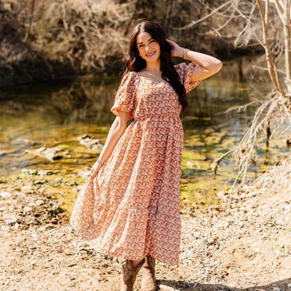 Puff Sleeve Midi Dress, Rust Floral