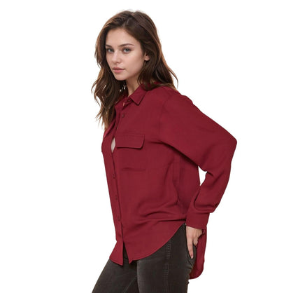 Pleione Women's Solid Low Back Button Shirt in Burgundy