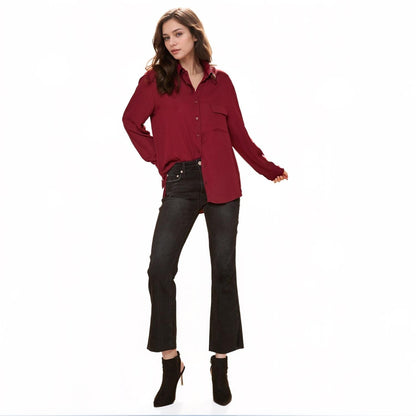 Pleione Women's Solid Low Back Button Shirt in Burgundy