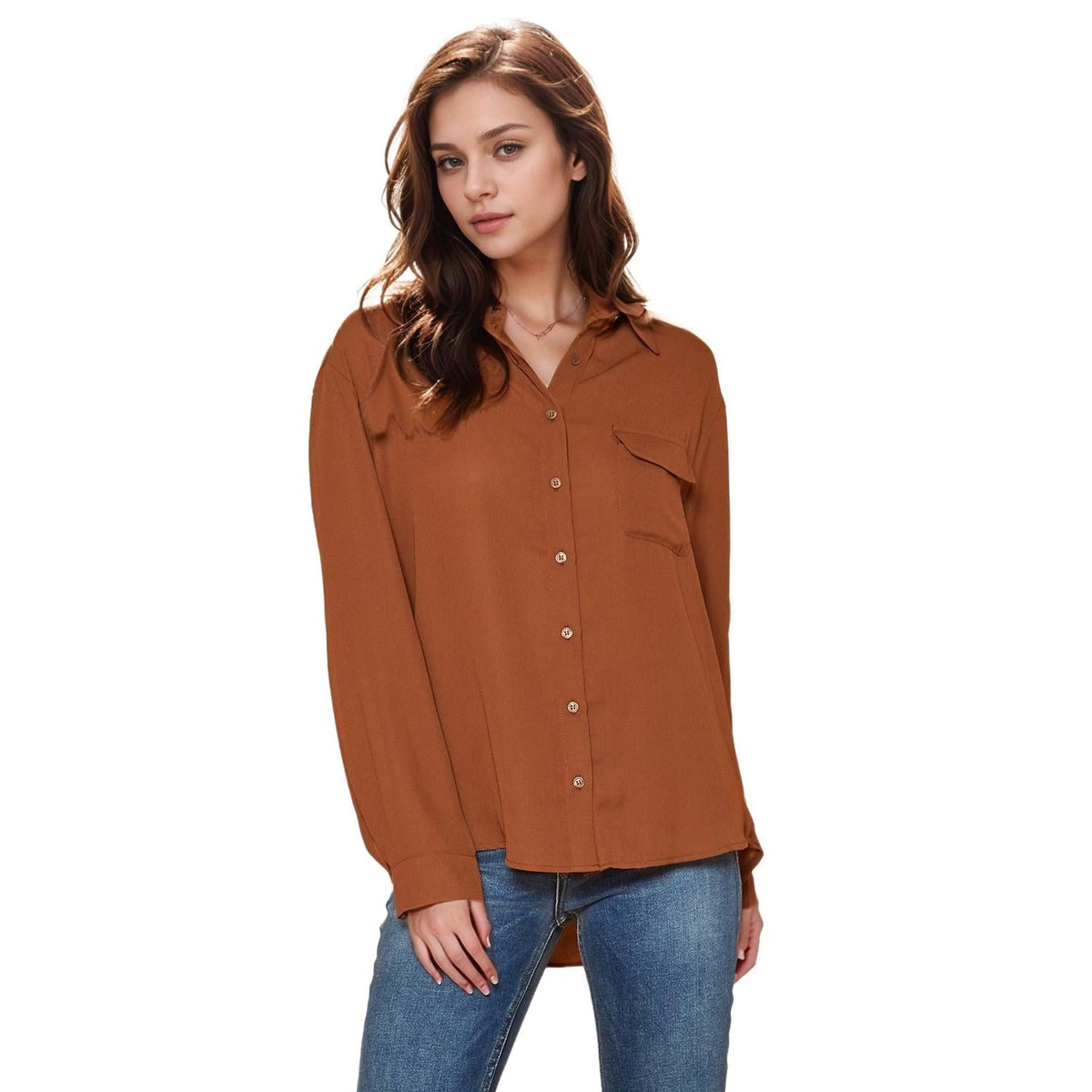 Pleione Women's Solid Low Back Button Shirt in (Brown)