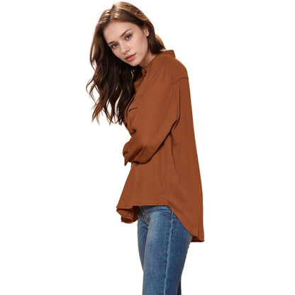 Pleione Women's Solid Low Back Button Shirt in (Brown)