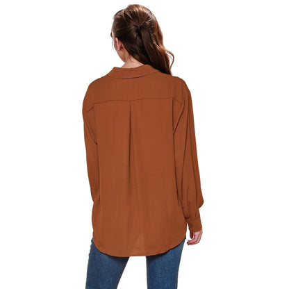 Pleione Women's Solid Low Back Button Shirt in (Brown)