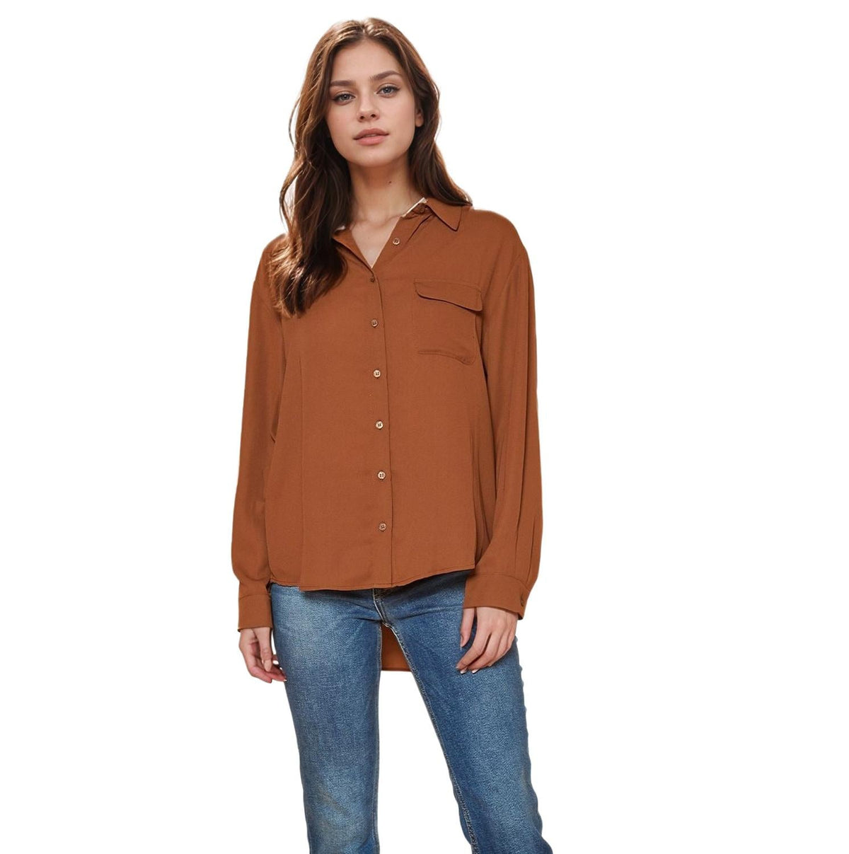 Pleione Women's Solid Low Back Button Shirt in (Brown)