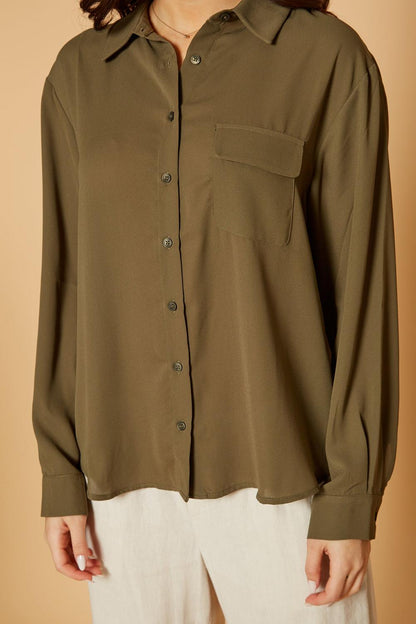 Pleione Women's Solid Low Back Button Shirt in Olive