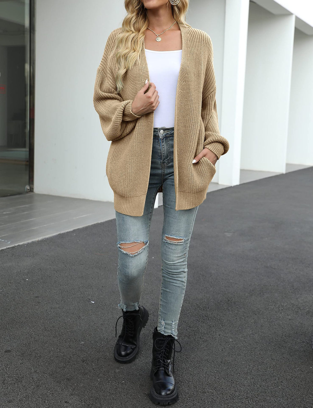 Women's Lantern-sleeved Chunky-knit Cardigan Sweater Coat