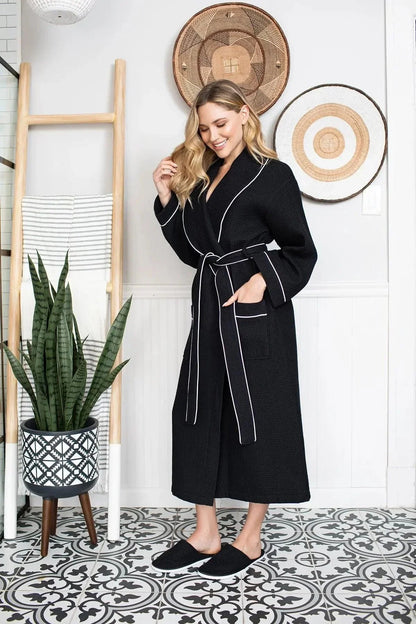 Women’s Waffle Piping Bathrobe – Lightweight Spa-Style Comfort